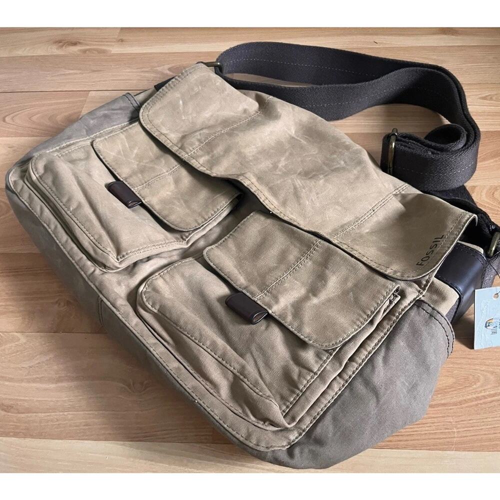 Fossil Wagner EW Messenger Bag Khaki Canvas Laptop Crossbody Satchel NWT